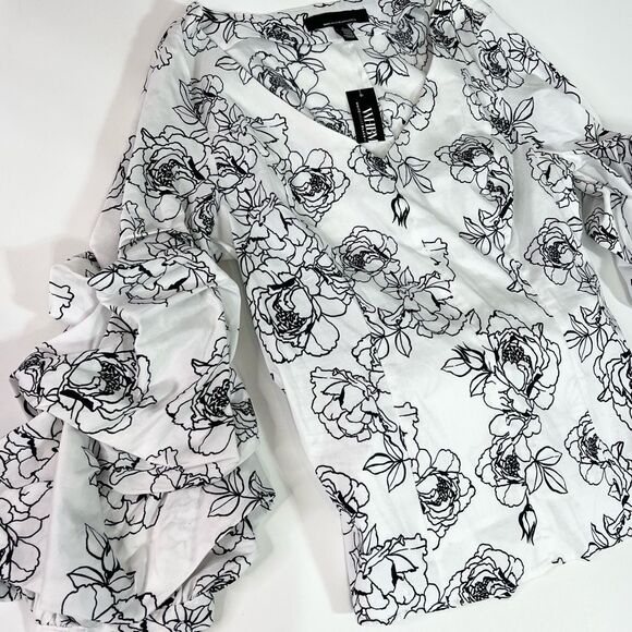 White House Black Market Poplin Top Womens Jasmine White 4 Ruched Sleeve Tie NEW - Picture 2 of 12